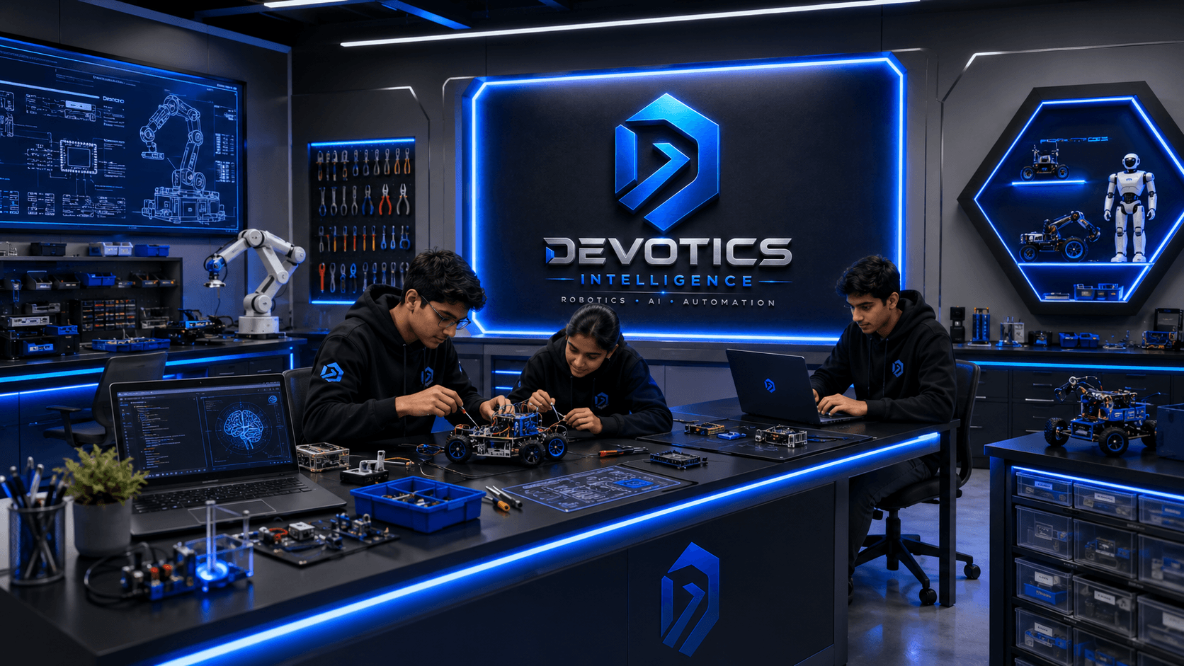 Students assembling a robot in a branded Devotics robotics lab
