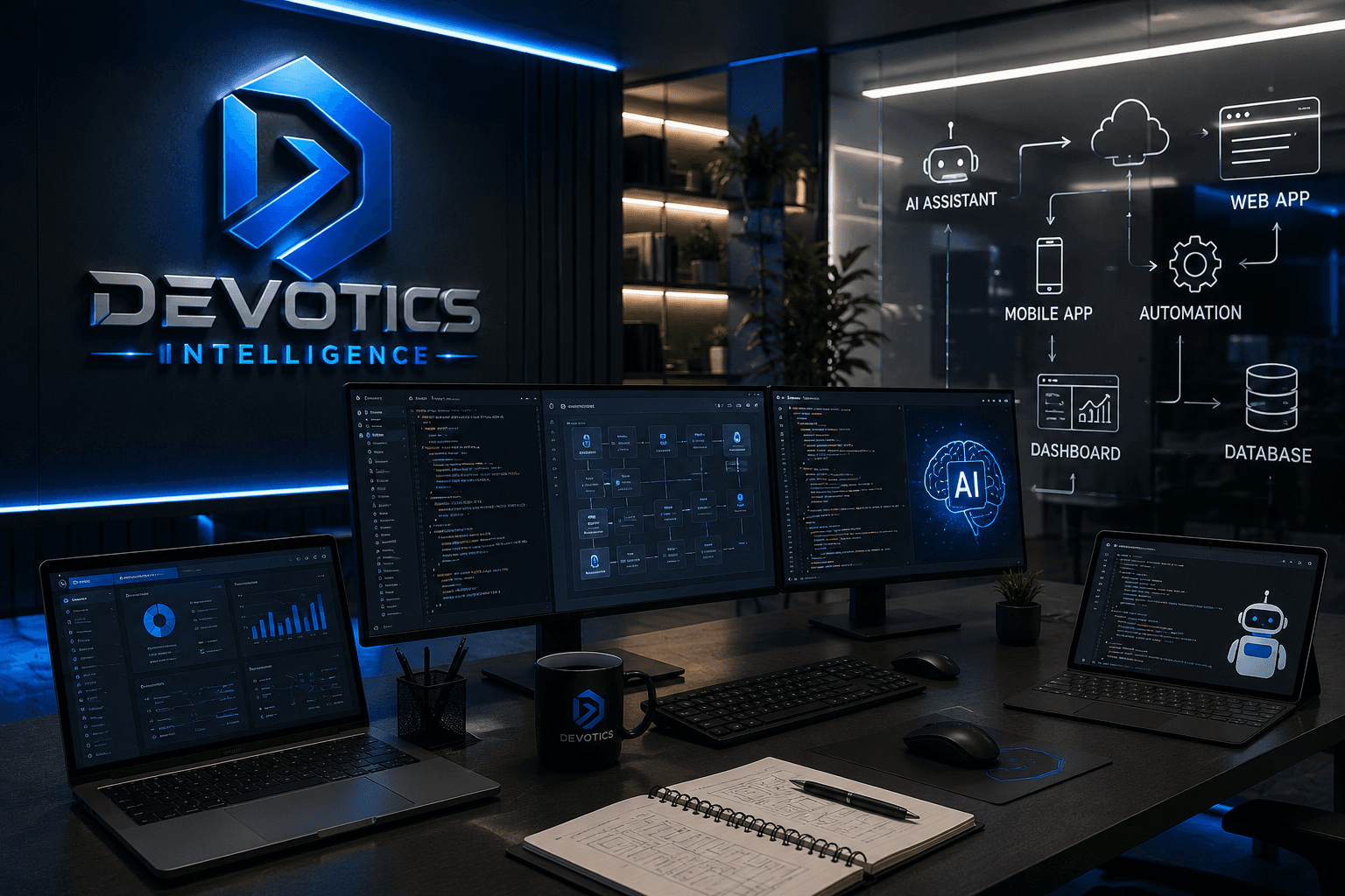 Devotics software workspace showing AI assistants, web apps, mobile apps, automation, dashboards, and databases